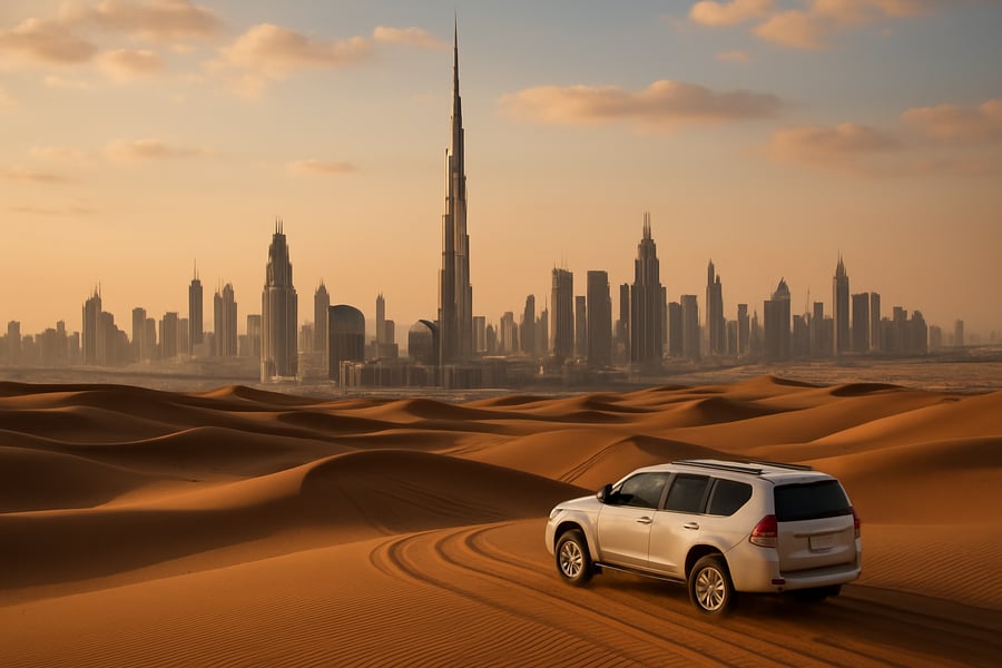 Dubai city skyline with Burj Khalifa and desert adventure Dubai city skyline with Burj Khalifa and desert adventure