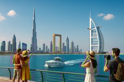 Modern Dubai skyline with iconic landmarks and travel experiences